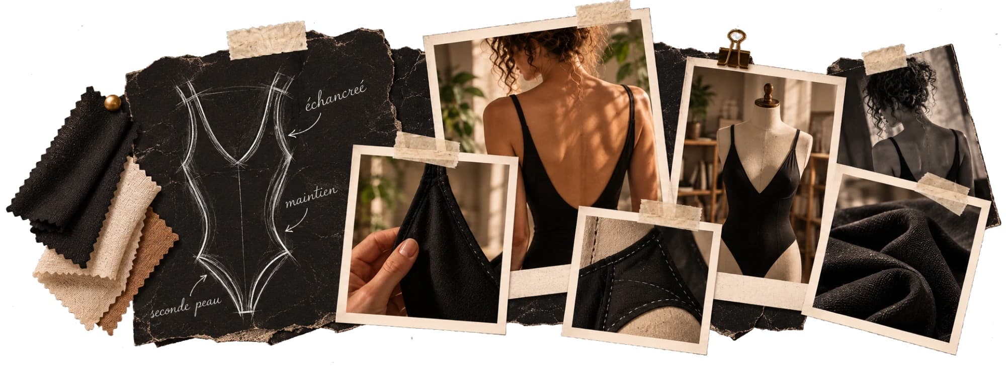 Planche d'atelier : échantillons de tissu, croquis du body à la craie et mannequin de couture